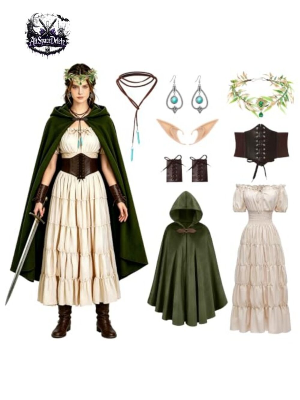 Medieval Renaissance Elf Costume Set Faux Leather Corset Cape Dress Women